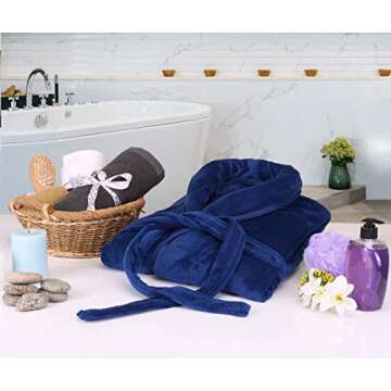 NY Threads Luxurious Mens Shawl Collar Fleece Bathrobe Long Spa Robe, Small-Medium, Navy