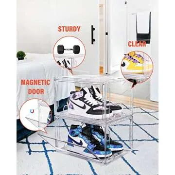 KDOR Shoe Boxes Clear Plastic Stackable 10 Pack Sneaker Storage Boxes with Magnetic Door, Acrylic Boxes for Display, Strong and Sturdy Fit Shoe Size Up to US 15