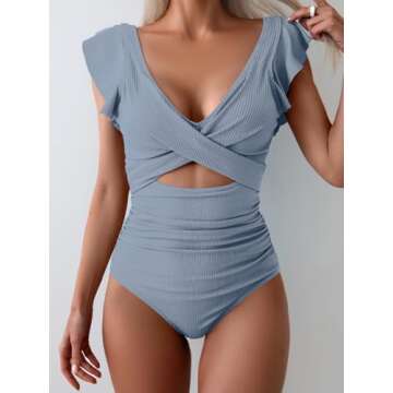 B2prity Women's One Piece Swimsuit Ruffle Cutout Bathing Suits Slimming Tummy Control V Neck Wrap Swimwear