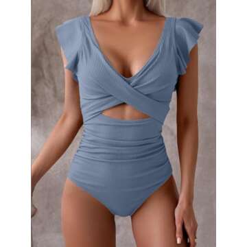 B2prity Women's One Piece Swimsuit Ruffle Cutout Bathing Suits Slimming Tummy Control V Neck Wrap Swimwear