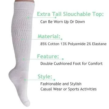 AWS/American Made Slouch Socks Cotton Scrunch Knee High Extra Long and Heavy Socks (White, 3)