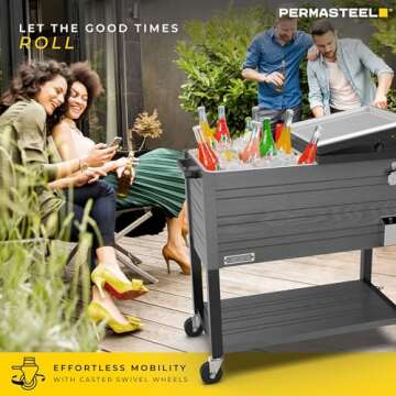 Permasteel 80-Quart Rolling Patio Cooler with Wood Grain Finish – Outdoor Beverage Cooler with Whe...