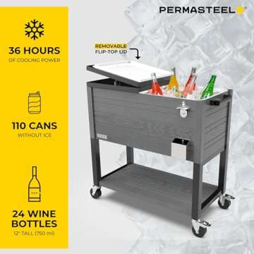 Permasteel 80-Quart Rolling Patio Cooler with Wood Grain Finish – Outdoor Beverage Cooler with Wheels & Insulated Ice Chest for Backyard, Deck, and Poolside Parties – Gray
