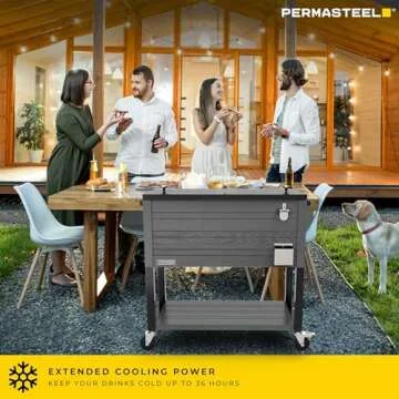 Permasteel 80-Quart Rolling Patio Cooler with Wood Grain Finish – Outdoor Beverage Cooler with Wheels & Insulated Ice Chest for Backyard, Deck, and Poolside Parties – Gray