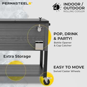 Permasteel 80-Quart Rolling Patio Cooler with Wood Grain Finish – Outdoor Beverage Cooler with Wheels & Insulated Ice Chest for Backyard, Deck, and Poolside Parties – Gray