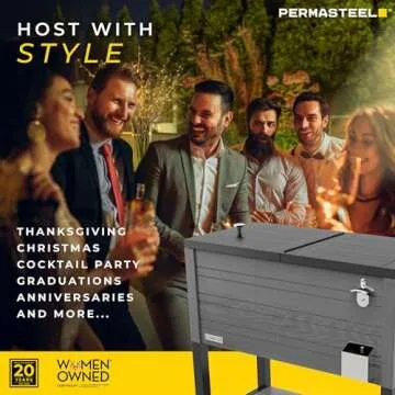 Permasteel 80-Quart Rolling Patio Cooler with Wood Grain Finish – Outdoor Beverage Cooler with Wheels & Insulated Ice Chest for Backyard, Deck, and Poolside Parties – Gray