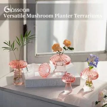 Glasseam Mushroom Plant Propagation Stations: Pink Glass Terrarium Jar Set of 5 Cute Planters for Indoor Plants Decorative Propagate Vase Unique Gifts for Women Home Office Decor