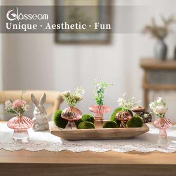 Glasseam Mushroom Plant Propagation Stations: Pink Glass Terrarium Jar Set of 5 Cute Planters for Indoor Plants Decorative Propagate Vase Unique Gifts for Women Home Office Decor