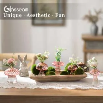 Glasseam Mushroom Plant Propagation Stations: Pink Glass Terrarium Jar Set of 5 Cute Planters for Indoor Plants Decorative Propagate Vase Unique Gifts for Women Home Office Decor