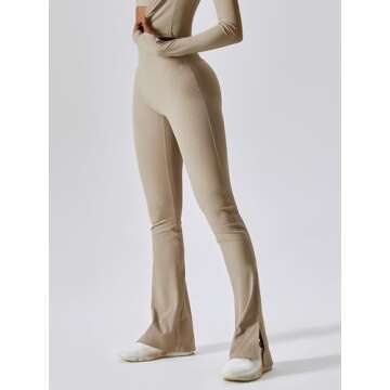 ABOCIW Ribbed Flare Leggings for Women, High Waisted Tummy Control Casual Bootcut Flare Yoga Pants Workout Leggings Slit Hem Khaki Small