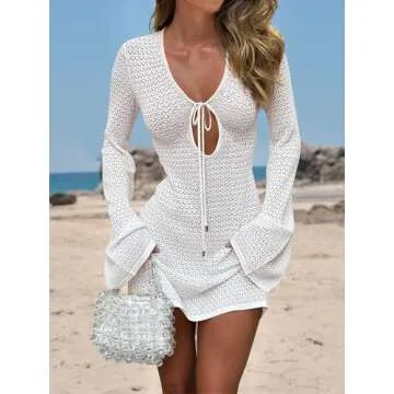 ANRABESS Womens Swimsuit Crochet Swim Cover Up Summer Bathing Suit Swimwear Hollow Out Mesh Knit Beach Dress Vacation Outfits White Small