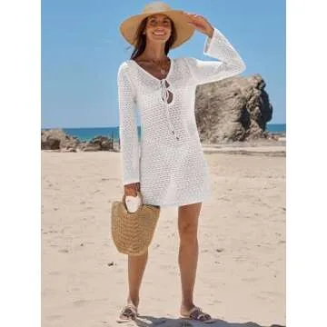 ANRABESS Womens Swimsuit Crochet Swim Cover Up Summer Bathing Suit Swimwear Hollow Out Mesh Knit Beach Dress Vacation Outfits White Small