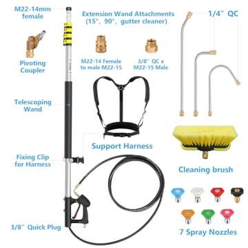 ExtraFein 24FT Gutter Cleaning Tools from The Ground, 2nd Story House Telescoping Pressure Washer Extension Wand, Solar Panel Cleaner Pole with Brush Head, 7 Nozzle Tips, 3 Adapters, Support Belt