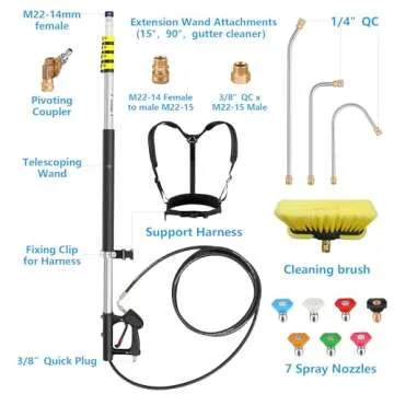 ExtraFein 24FT Gutter Cleaning Tools from The Ground, 2nd Story House Telescoping Pressure Washer Extension Wand, Solar Panel Cleaner Pole with Brush Head, 7 Nozzle Tips, 3 Adapters, Support Belt