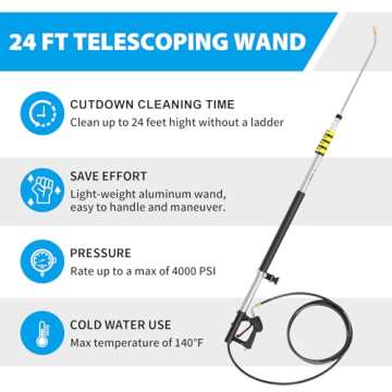ExtraFein 24FT Gutter Cleaning Tools from The Ground, 2nd Story House Telescoping Pressure Washer Extension Wand, Solar Panel Cleaner Pole with Brush Head, 7 Nozzle Tips, 3 Adapters, Support Belt