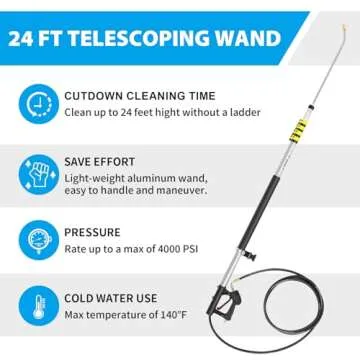 ExtraFein 24FT Gutter Cleaning Tools from The Ground, 2nd Story House Telescoping Pressure Washer Extension Wand, Solar Panel Cleaner Pole with Brush Head, 7 Nozzle Tips, 3 Adapters, Support Belt