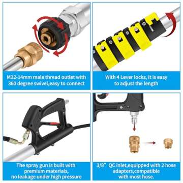 ExtraFein 24FT Gutter Cleaning Tools from The Ground, 2nd Story House Telescoping Pressure Washer Extension Wand, Solar Panel Cleaner Pole with Brush Head, 7 Nozzle Tips, 3 Adapters, Support Belt