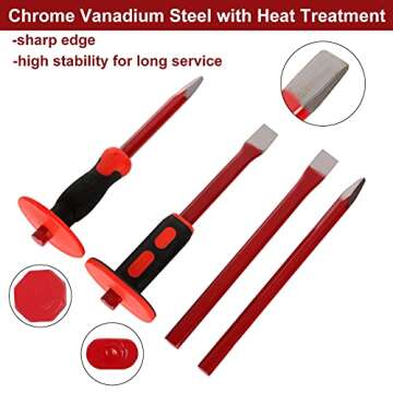 CYEAH 12 Inch Heavy Duty Masonry Chisel Set, 4 PCS Chisels Set with Hand Protection, 2 PCS Flat Chisel & 2 PCS Pointed Chisel for Concrete/Mason/Stone Demolishing Carving Splitting Breaking