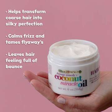 OGX Extra Strength Damage Remedy + Coconut Miracle Oil Hair Mask, Extra Hydrating & Softening Anti-Frizz Treatment to Help Repair Hair, Paraben-Free, Sulfated-Surfactants Free, 6 oz
