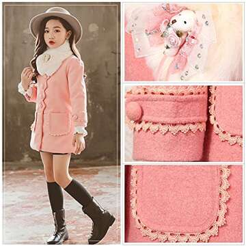 L SERVER Girls Peacoat,Girls Dress Coat, Peacoat with Woolen Collar,Fashion Warm Blended Winter Coat Princess Bow Jacket,Pink 150