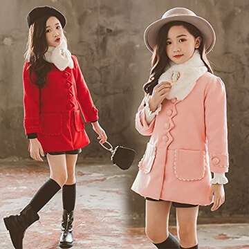 L SERVER Girls Peacoat,Girls Dress Coat, Peacoat with Woolen Collar,Fashion Warm Blended Winter Coat Princess Bow Jacket,Pink 150