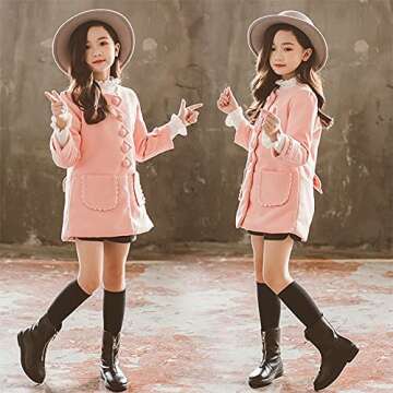 L SERVER Girls Peacoat,Girls Dress Coat, Peacoat with Woolen Collar,Fashion Warm Blended Winter Coat Princess Bow Jacket,Pink 150