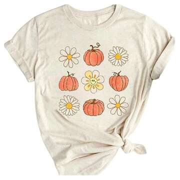 Women's Retro Smiley Face Daisy Shirt Casual Short Sleeve Halloween Pumpkin Graphic Tees Tops(713-Beige,L)