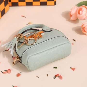 QeenRTUU Mini Tote Bag Keychain Coin Purse Pu Leather Key Chain Small Change Purse for Women Keychain Pouch Mini Makeup Bag Cute Zipper Coin Purse Small Wallets (Pink)