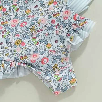 Toddler Girls Strap One Piece Swimsuit Floral Sleeveless Backless Bathing Suit Ruffles Bowknot Swimwear Summer Beach Wear (Blue,5-6 Years)