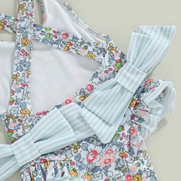 Toddler Girls Strap One Piece Swimsuit Floral Sleeveless Backless Bathing Suit Ruffles Bowknot Swimwear Summer Beach Wear (Blue,5-6 Years)