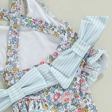 Toddler Girls Strap One Piece Swimsuit Floral Sleeveless Backless Bathing Suit Ruffles Bowknot Swimwear Summer Beach Wear (Blue,5-6 Years)