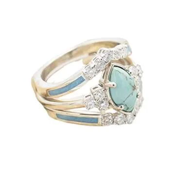 Pingyongchang 3 PCS Ring Set Natural Turquoise Diamond Rings Turquoise Silver Color Rings for Women Turquoise Jewelry Sparkling Natural Gemstone Size 6