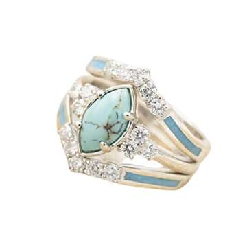 Pingyongchang 3 PCS Ring Set Natural Turquoise Diamond Rings Turquoise Silver Color Rings for Women Turquoise Jewelry Sparkling Natural Gemstone Size 6