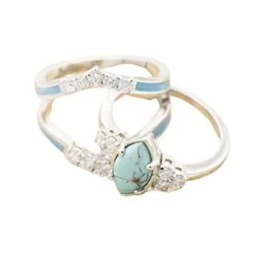 Pingyongchang 3 PCS Ring Set Natural Turquoise Diamond Rings Turquoise Silver Color Rings for Women Turquoise Jewelry Sparkling Natural Gemstone Size 6