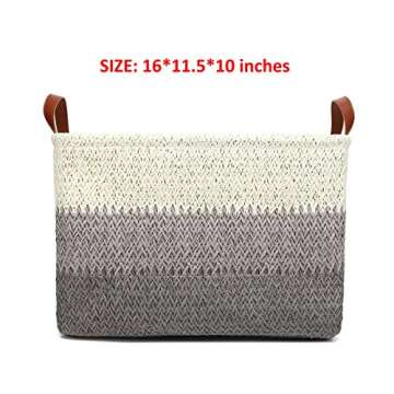 Kenox Toy Chest Baskets Woven Paper Storage Organizer Bin Laundry Hamper with Leather Handles - 16x11.5x10 inches