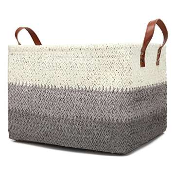 Kenox Toy Chest Baskets Woven Paper Storage Organizer Bin Laundry Hamper with Leather Handles - 16x11.5x10 inches