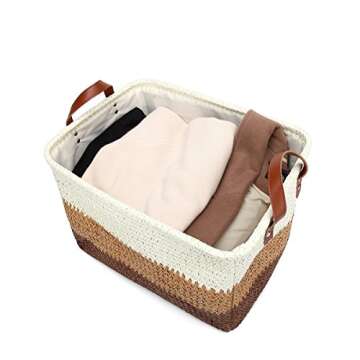 Kenox Toy Chest Baskets Woven Paper Storage Organizer Bin Laundry Hamper with Leather Handles - 16x11.5x10 inches