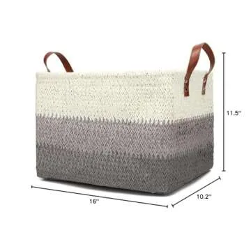 Kenox Toy Chest Baskets Woven Paper Storage Organizer Bin Laundry Hamper with Leather Handles - 16x11.5x10 inches