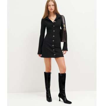 Dsevht Black Leather Knee High Boots for Women Stiletto Kitten Heeled Sexy Tall Boots Square Toe and Side Zipper Design Fashion Dress Boots