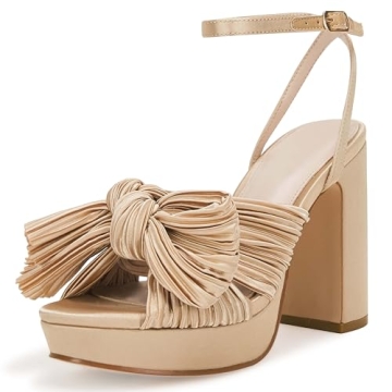 VETASTE Women's Pleated Bow Knot Chunky Heel Sandals for Bridal and Casual Wear