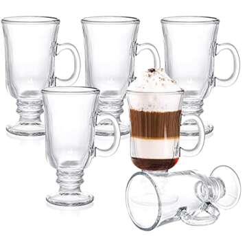 ZENFUN Set of 6 Irish Coffee Mugs, 8 Oz Glass Footed Espresso Cups with Handles, Clear Goblet Mugs G...