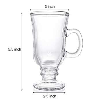 ZENFUN Set of 6 Irish Coffee Mugs, 8 Oz Glass Footed Espresso Cups with Handles, Clear Goblet Mugs Glasses for Coffee, Latte, Cappuccino, Smoothie, Hot&Cold Beverages