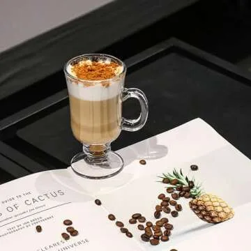 ZENFUN Set of 6 Irish Coffee Mugs, 8 Oz Glass Footed Espresso Cups with Handles, Clear Goblet Mugs Glasses for Coffee, Latte, Cappuccino, Smoothie, Hot&Cold Beverages