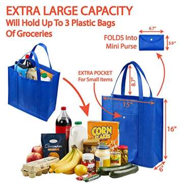 CLEVERFECT Extra Large Grocery Bags (Set of 5) - Foldable Into Pouch, Durable Heavy Duty Totes With ...