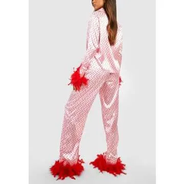 Faretumiya Women Cute Pajama Set - Heart Print Valentine's Day Pjs with Feather Trim