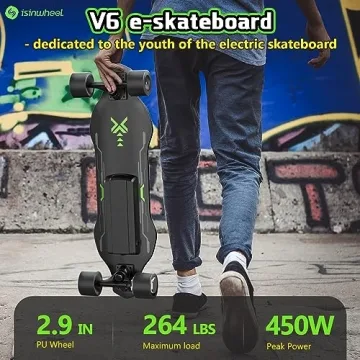isinwheel V6 Electric Skateboard, 450W Peak Power, 10 Miles Max Range, 12 MPH Top Speed, 8 Layers Maple E-Skateboard with Wireless Remote Control, 3 Speed Adjustment, 264Lbs Max Load