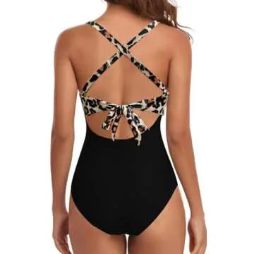 Eomenie Women's One Piece Swimsuits Tummy Control Cutout High Waisted Bathing Suit Wrap Tie Back 1 Piece Swimsuit Black and Leopard