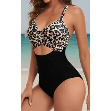 Eomenie Women's One Piece Swimsuits Tummy Control Cutout High Waisted Bathing Suit Wrap Tie Back 1 Piece Swimsuit Black and Leopard