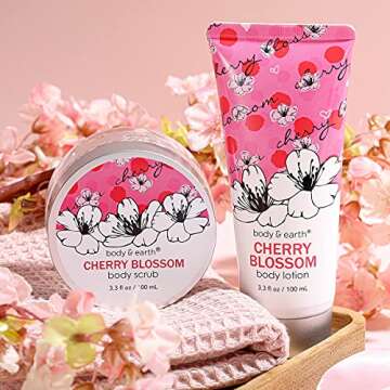 Bath and Body Gift Set for Women - Cherry Blossom Scent with Spa Gift Box, 5 Piece Home Spa Set Includes Shower Gel, Body Scrub, Body Lotion, Hand Soap, Rose Flower, Bath Set Gift for Her