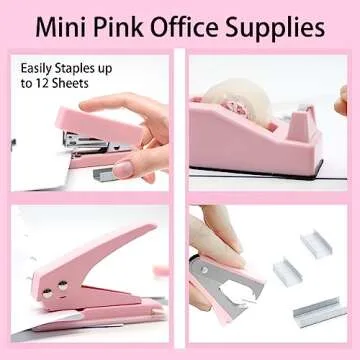 Mini Pink Office Supplies,UPIHO Pink Desk Accessories,Mini Stapler and Tape Dispenser Set, School Supplies with Mini Stapler,Tape Dispenser,Hole Punch,Staple Remover,Staples,Clips,Scissor,Pen and Tabs